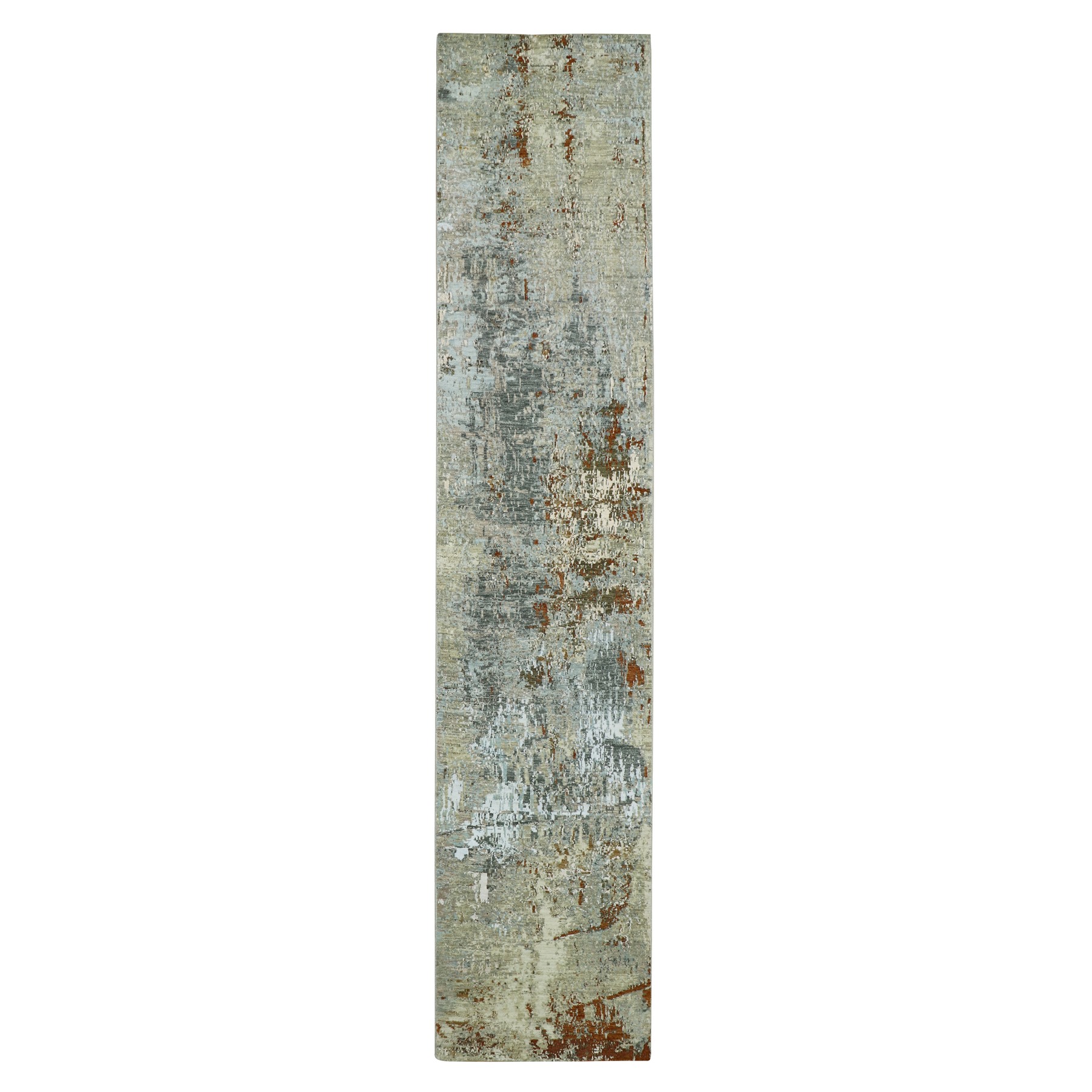 Spanish Gray with Beige, Abstract with Galaxy Design, 100% Wool, Persian Knot, Hand Knotted, Densely Woven, Runner, Oriental Rug